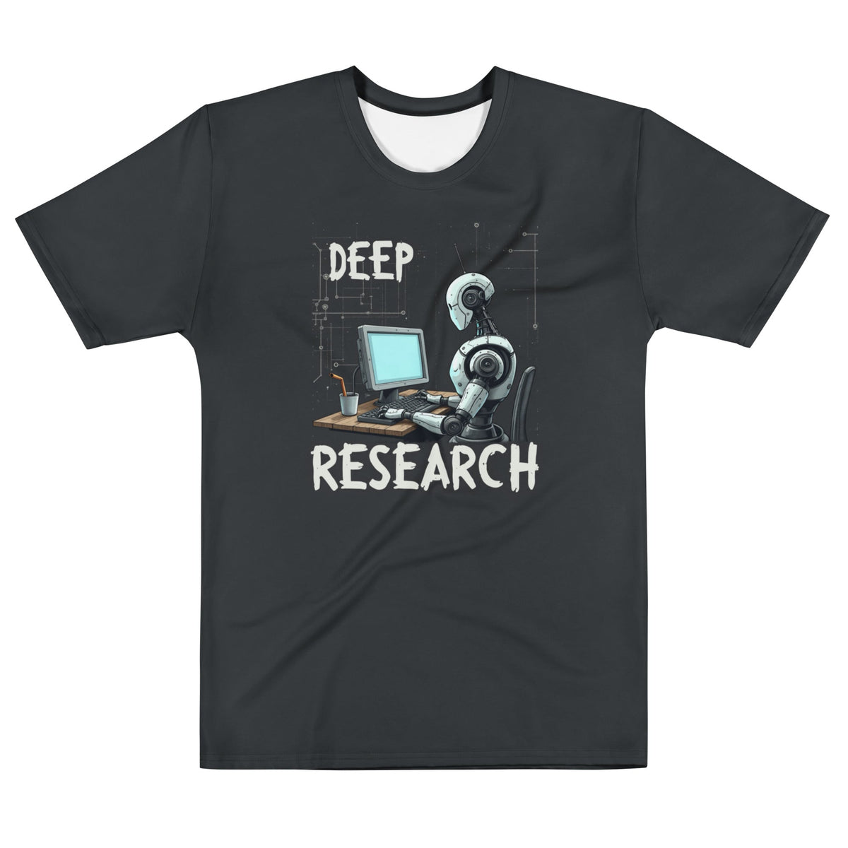 Product mockup photo of the Deep Research Robot T Shirt (men) M.