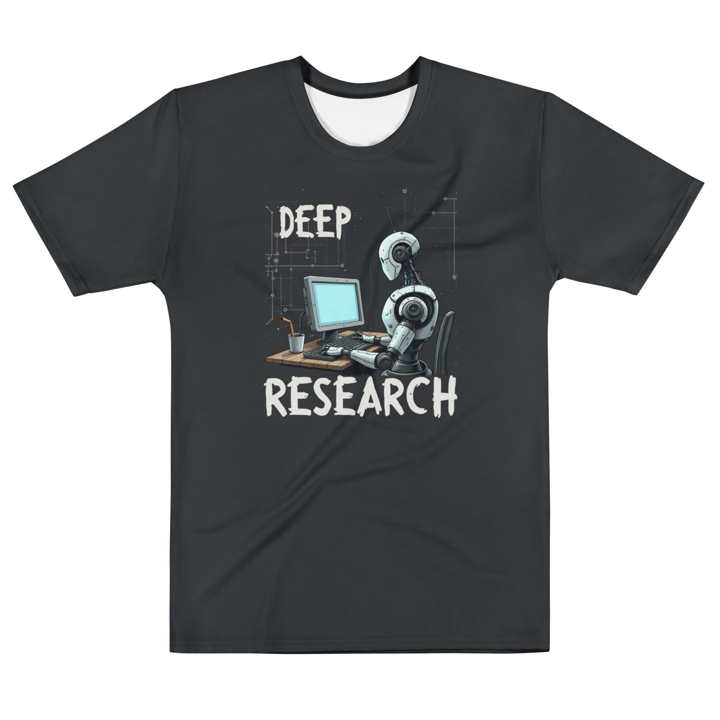 Product mockup photo of the Deep Research Robot T Shirt (men) M.