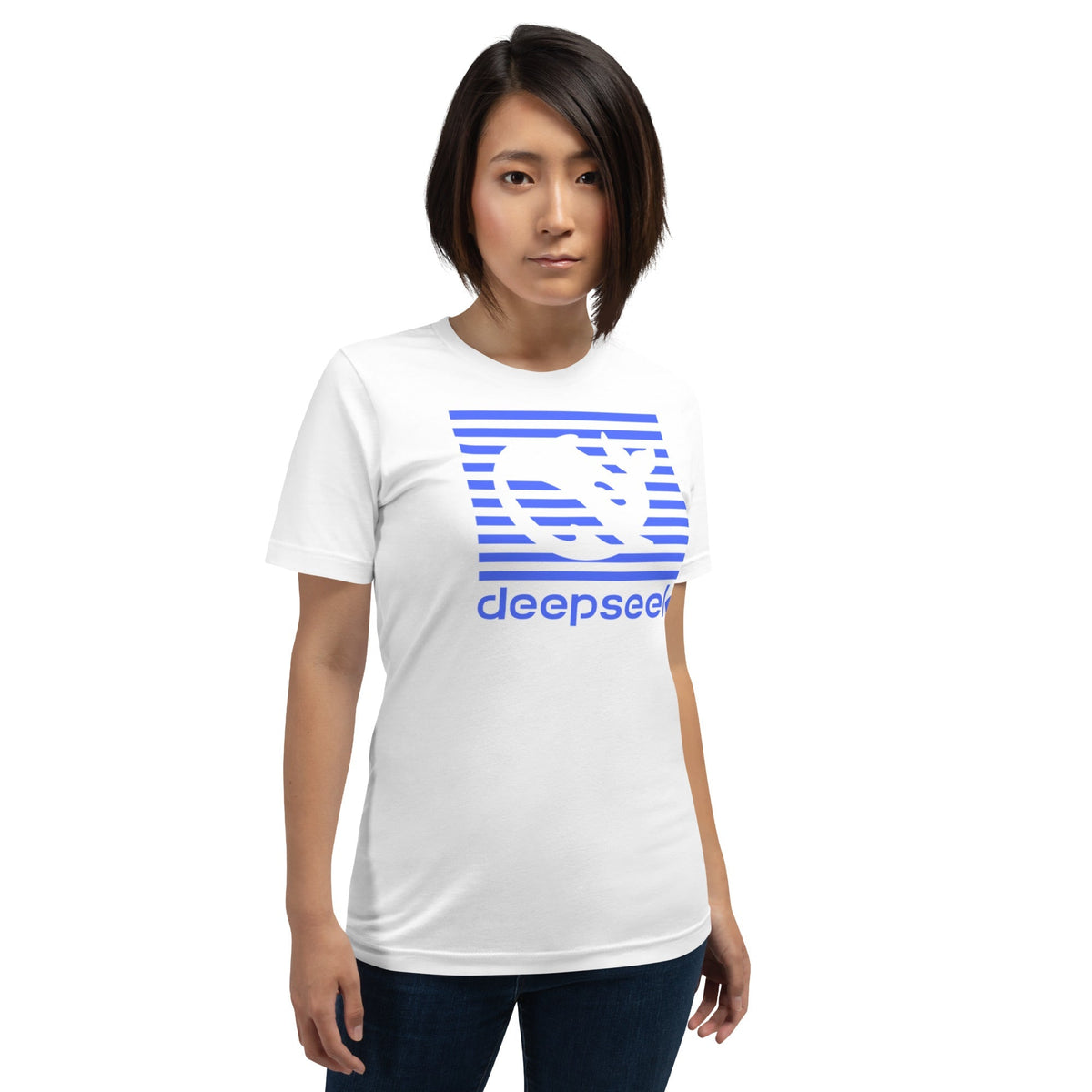 Product mockup photo of the DeepSeek Blue Stripes T Shirt (unisex).