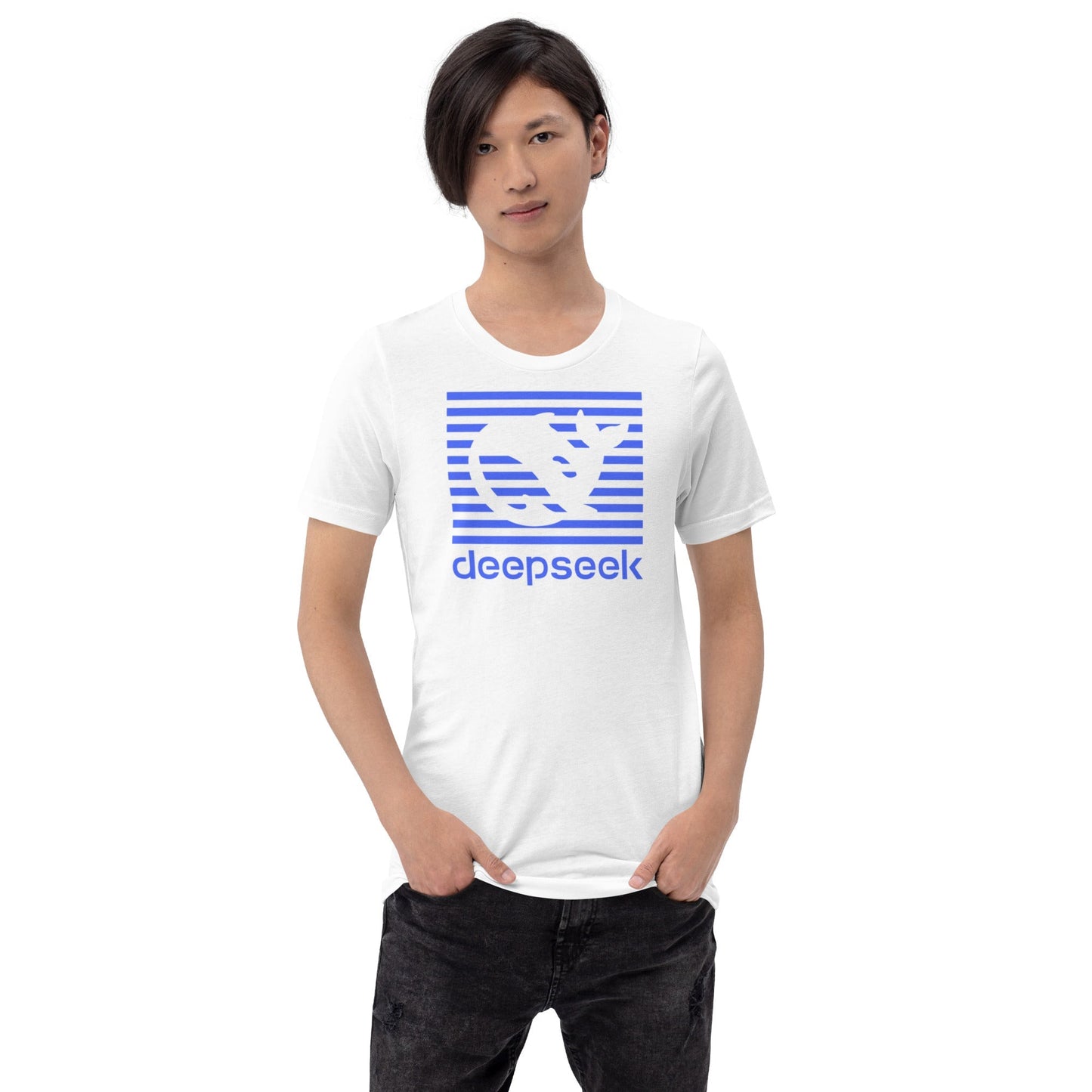 Product mockup photo of the DeepSeek Blue Stripes T Shirt (unisex).