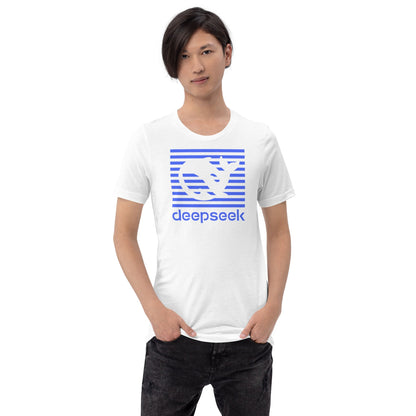 Product mockup photo of the DeepSeek Blue Stripes T Shirt (unisex).