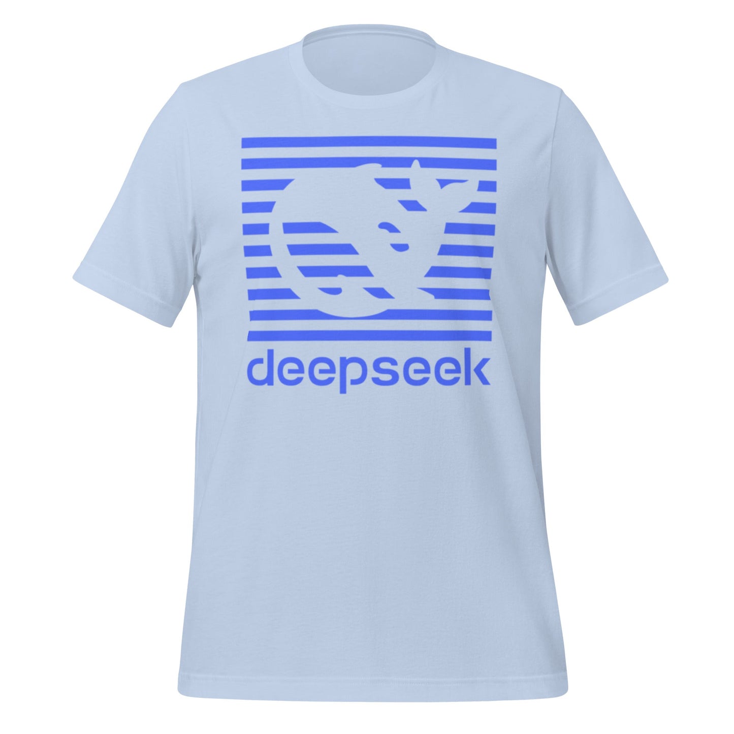 Product mockup photo of the DeepSeek Blue Stripes T Shirt (unisex) Baby Blue / M.