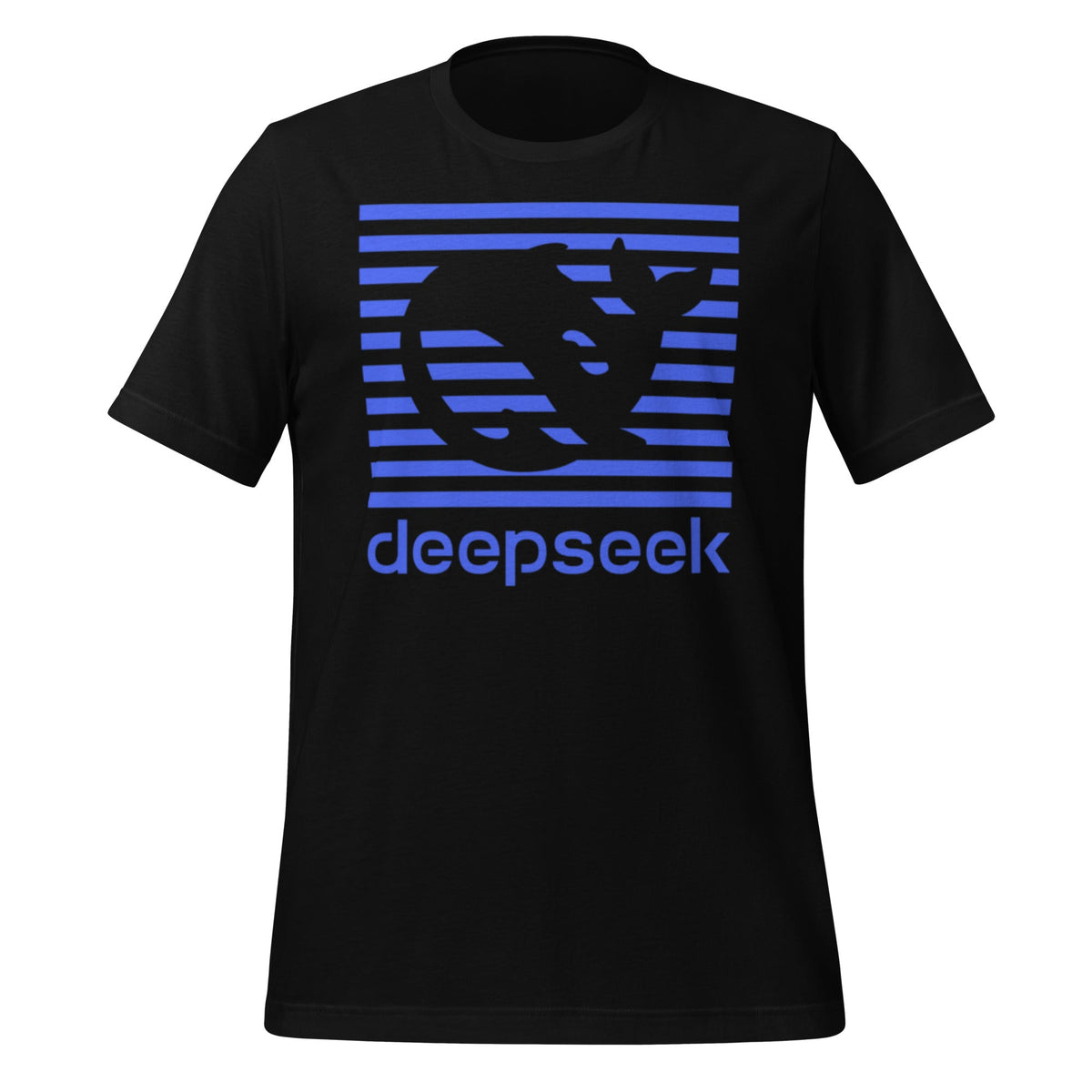 Product mockup photo of the DeepSeek Blue Stripes T Shirt (unisex) Black / M.