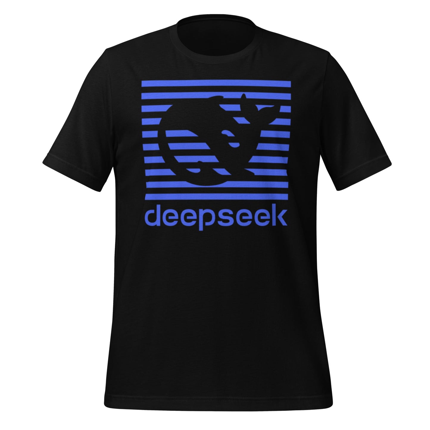 Product mockup photo of the DeepSeek Blue Stripes T Shirt (unisex) Black / M.
