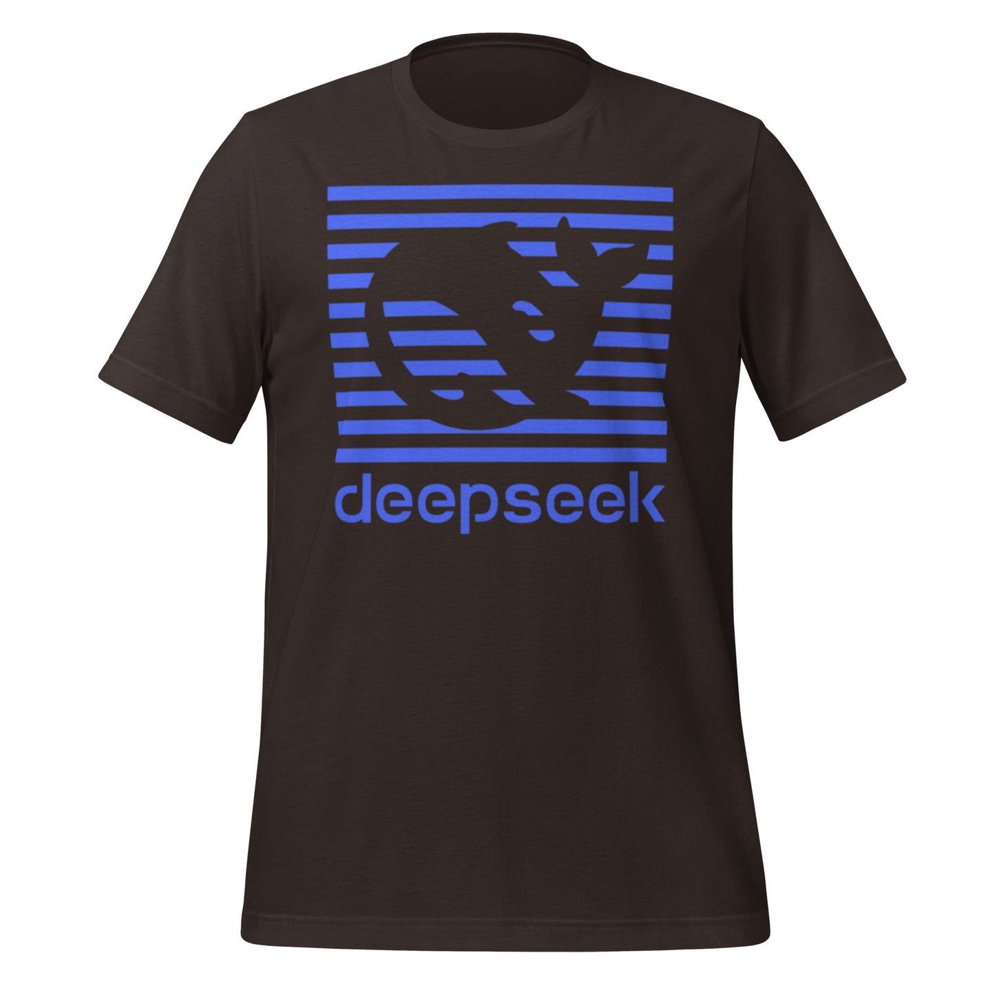 Product mockup photo of the DeepSeek Blue Stripes T Shirt (unisex) Brown / M.
