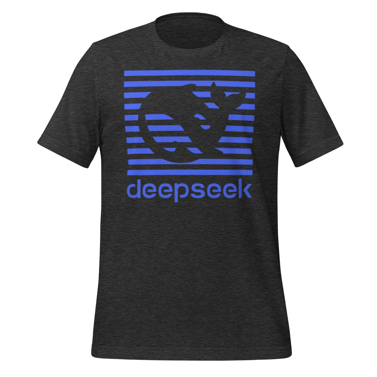 Product mockup photo of the DeepSeek Blue Stripes T Shirt (unisex) Dark Grey Heather / M.