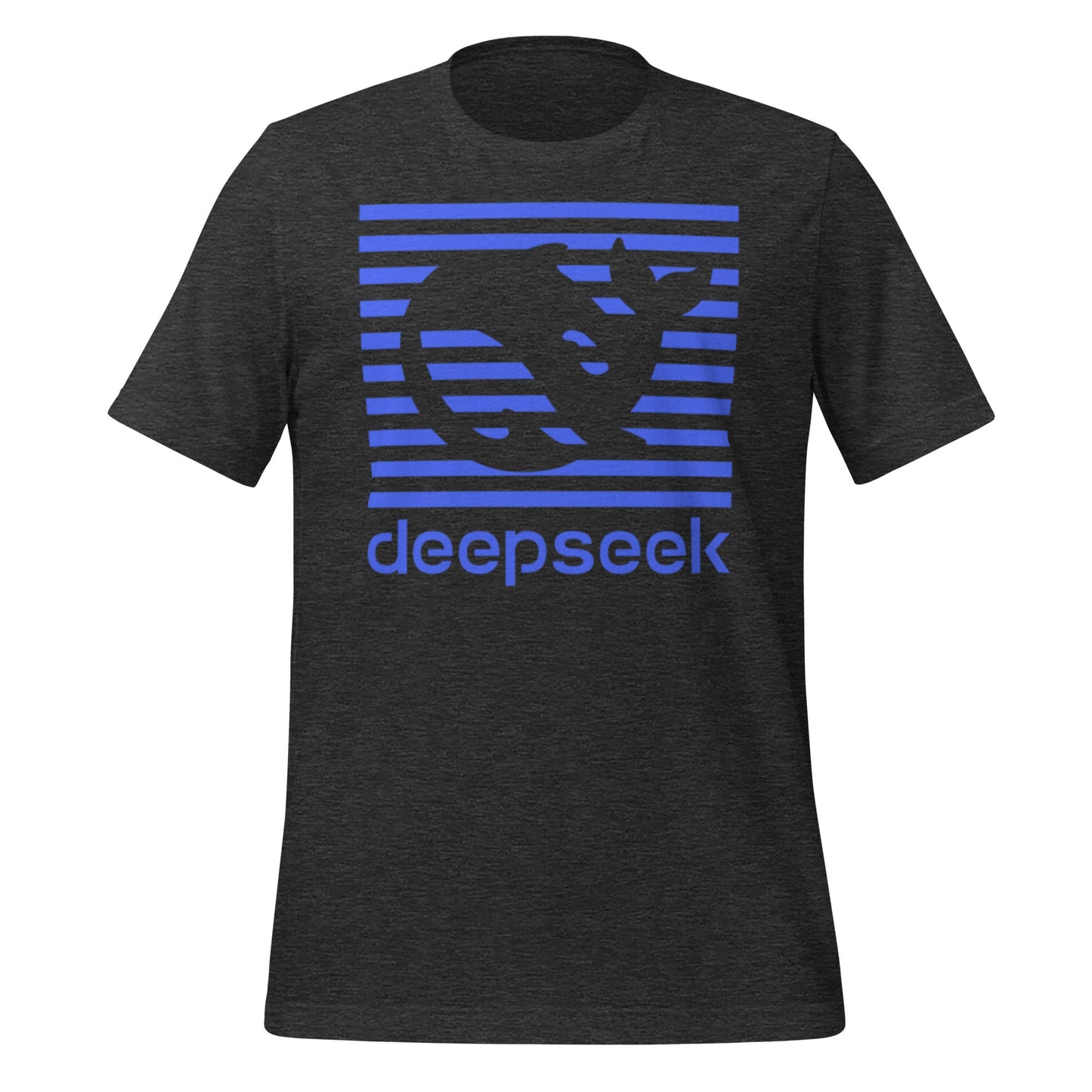 Product mockup photo of the DeepSeek Blue Stripes T Shirt (unisex) Dark Grey Heather / M.