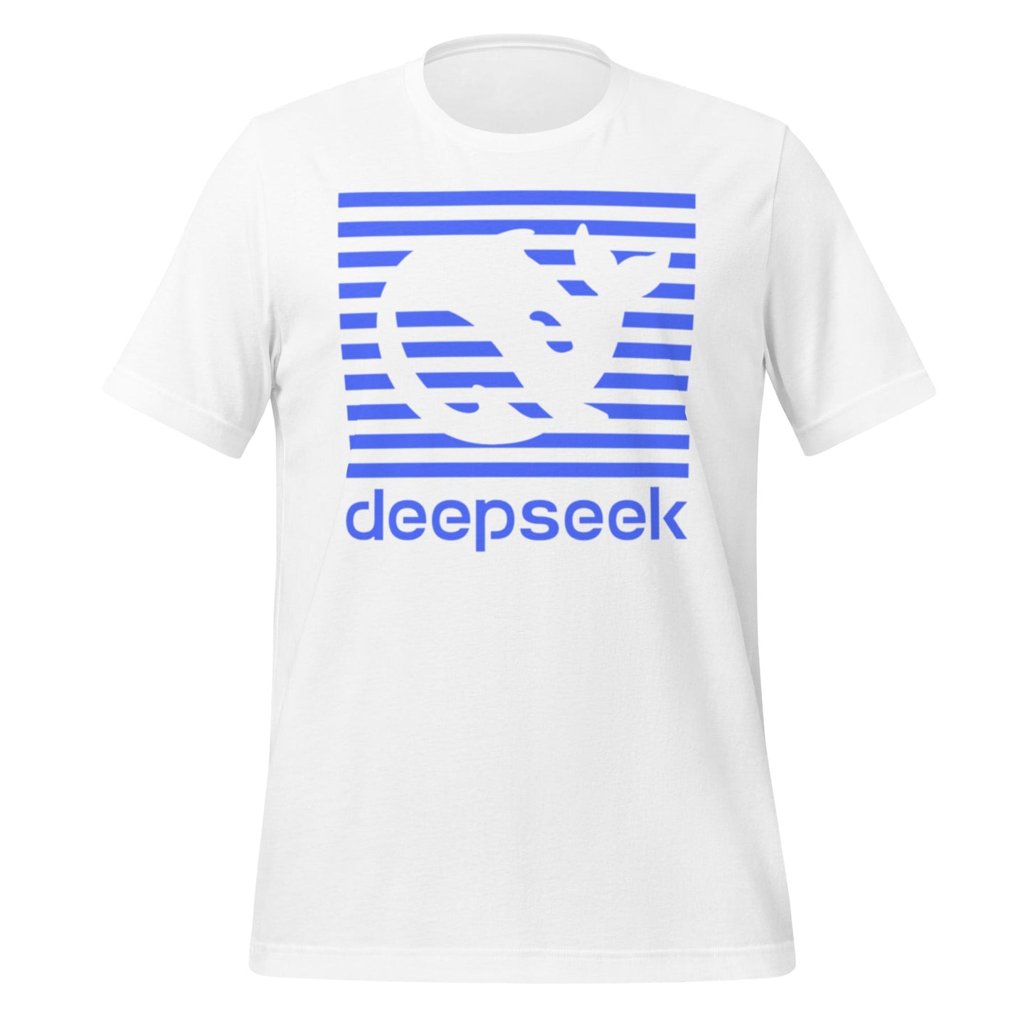 Product mockup photo of the DeepSeek Blue Stripes T Shirt (unisex) White / M.