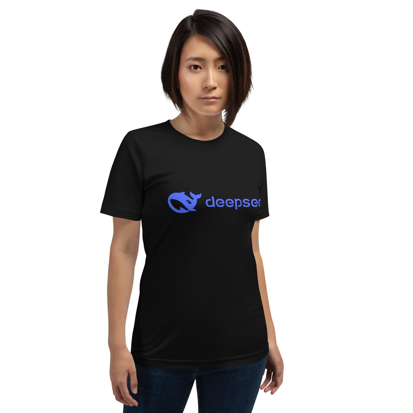 Product mockup photo of the DeepSeek Logo T Shirt (unisex).
