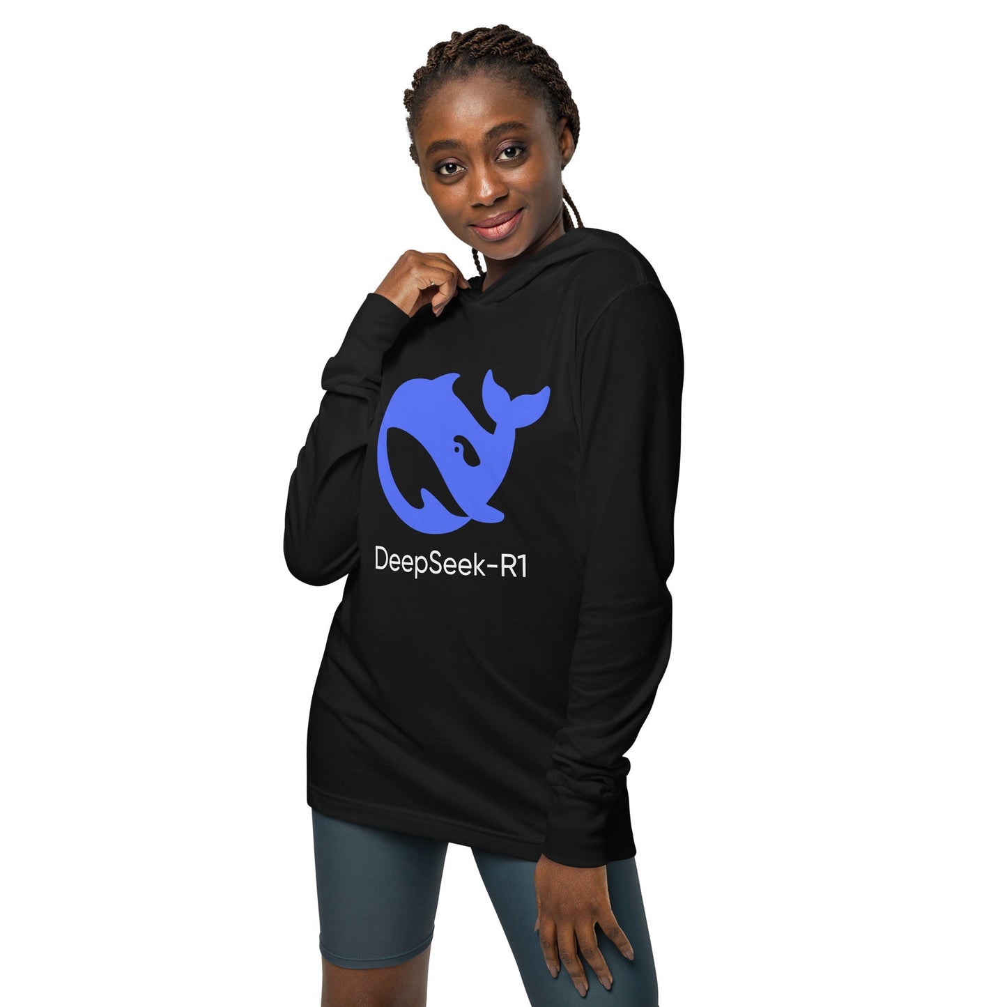 Image of the DeepSeek-R1 Hooded Long Sleeve T-Shirt (unisex).