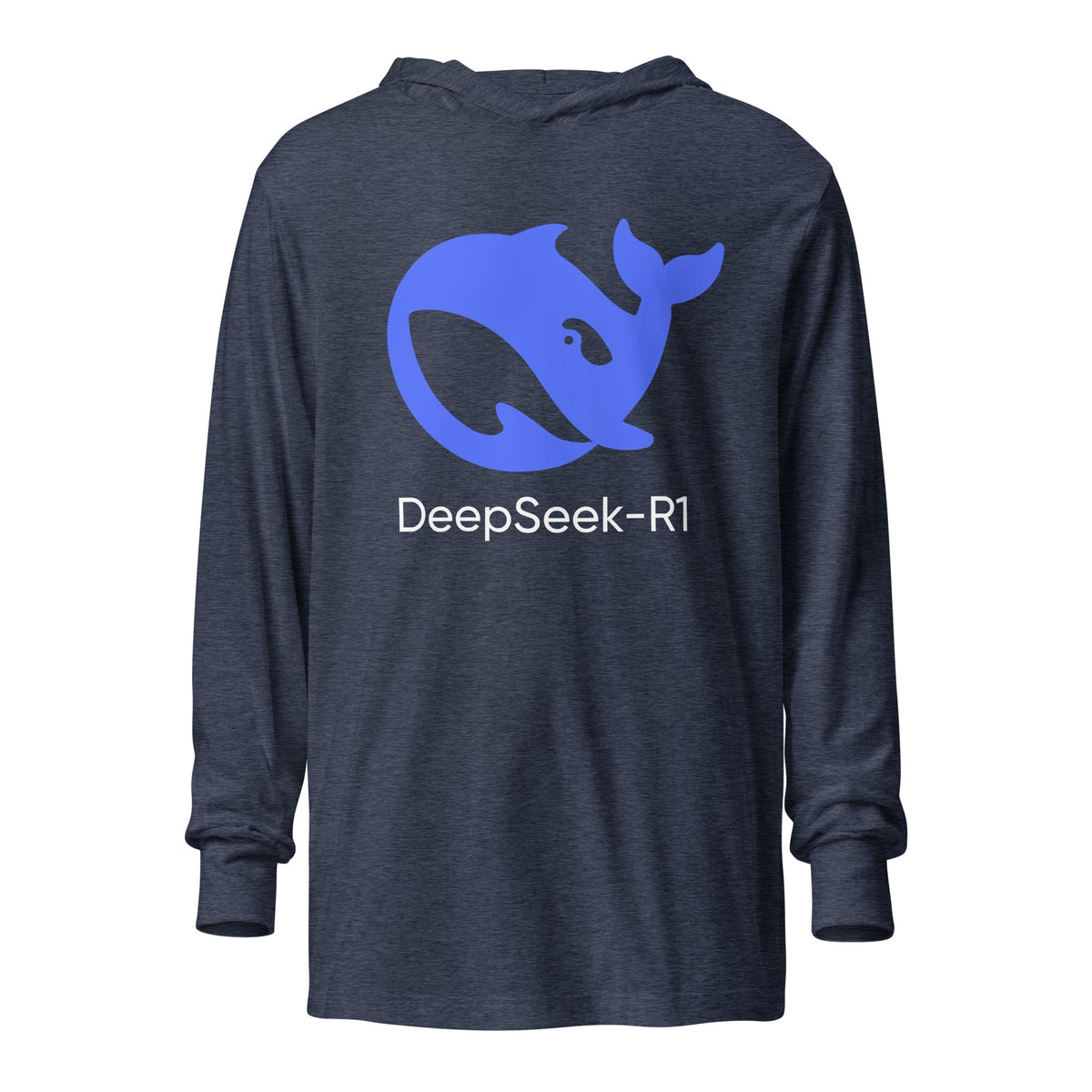 Image of the DeepSeek-R1 Hooded Long Sleeve T-Shirt (unisex) Heather Navy / M.