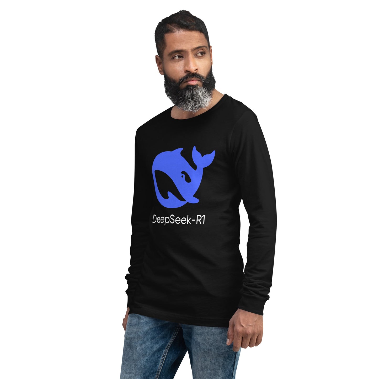Product mockup photo of the DeepSeek R1 Long Sleeve T Shirt (unisex).