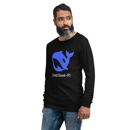 Product mockup photo of the DeepSeek R1 Long Sleeve T Shirt (unisex).