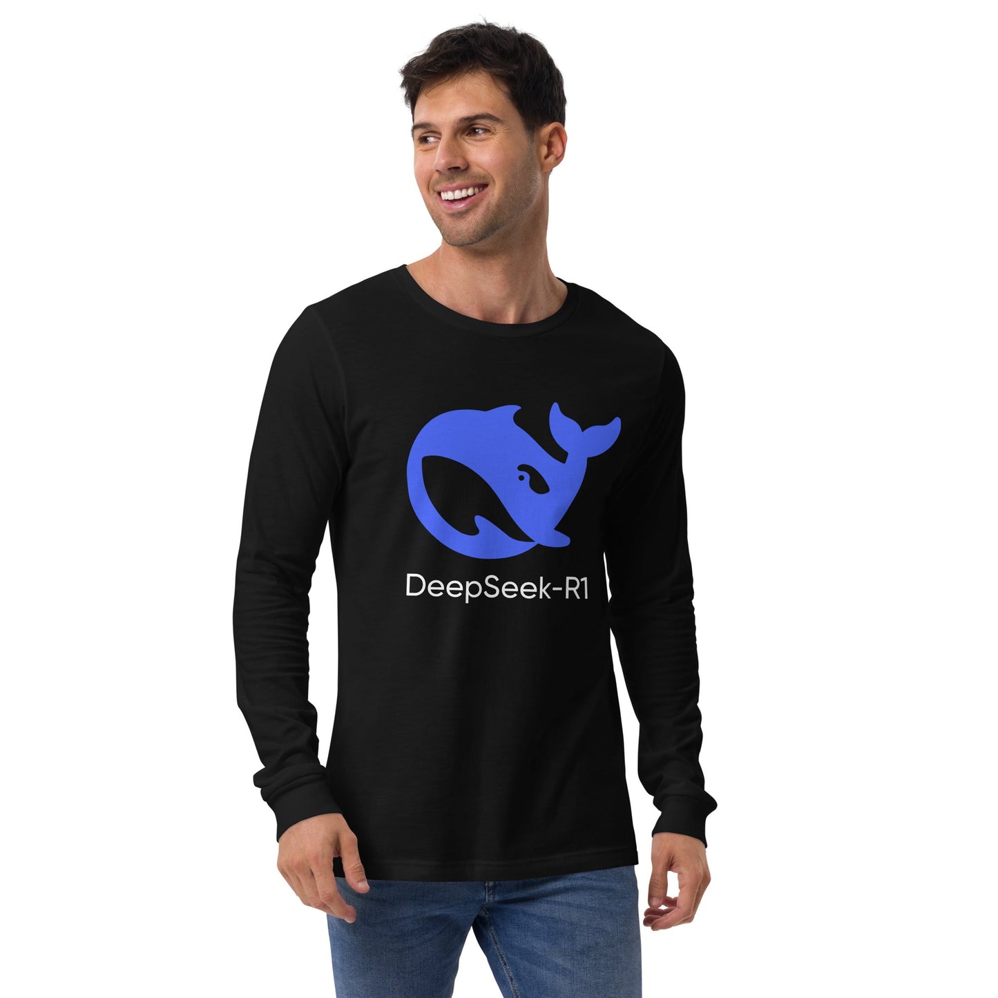 Product mockup photo of the DeepSeek R1 Long Sleeve T Shirt (unisex).