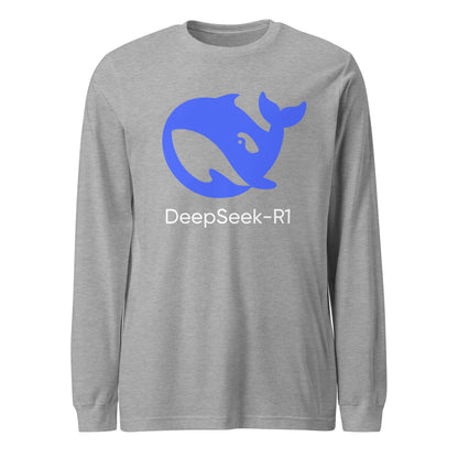 Product mockup photo of the DeepSeek R1 Long Sleeve T Shirt (unisex) Athletic Heather / M.