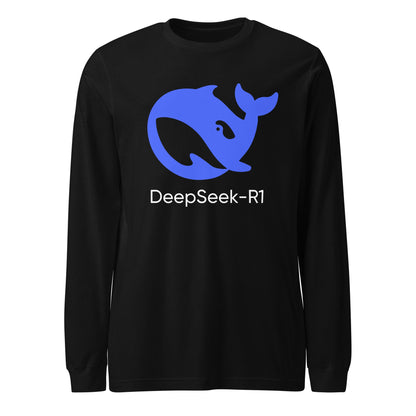 Product mockup photo of the DeepSeek R1 Long Sleeve T Shirt (unisex) Black / M.