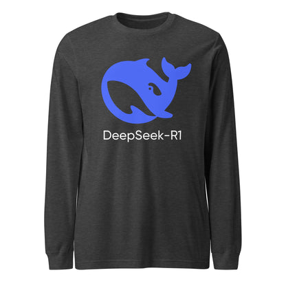 Product mockup photo of the DeepSeek R1 Long Sleeve T Shirt (unisex) Dark Grey Heather / M.