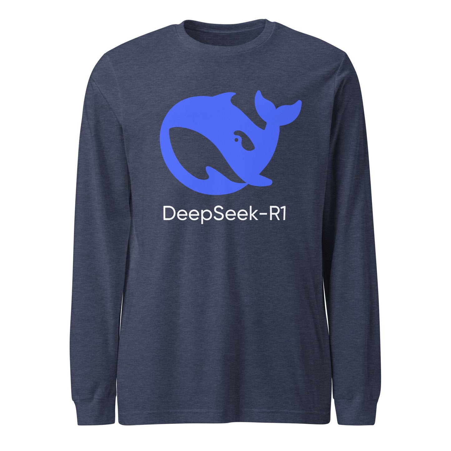 Product mockup photo of the DeepSeek R1 Long Sleeve T Shirt (unisex) Heather Navy / M.
