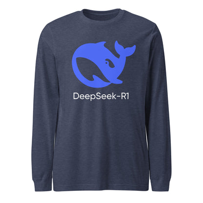 Product mockup photo of the DeepSeek R1 Long Sleeve T Shirt (unisex) Heather Navy / M.
