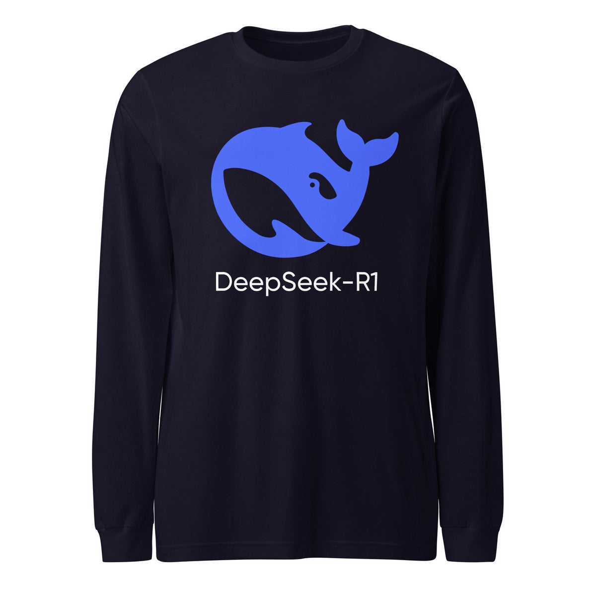 Product mockup photo of the DeepSeek R1 Long Sleeve T Shirt (unisex) Navy / M.