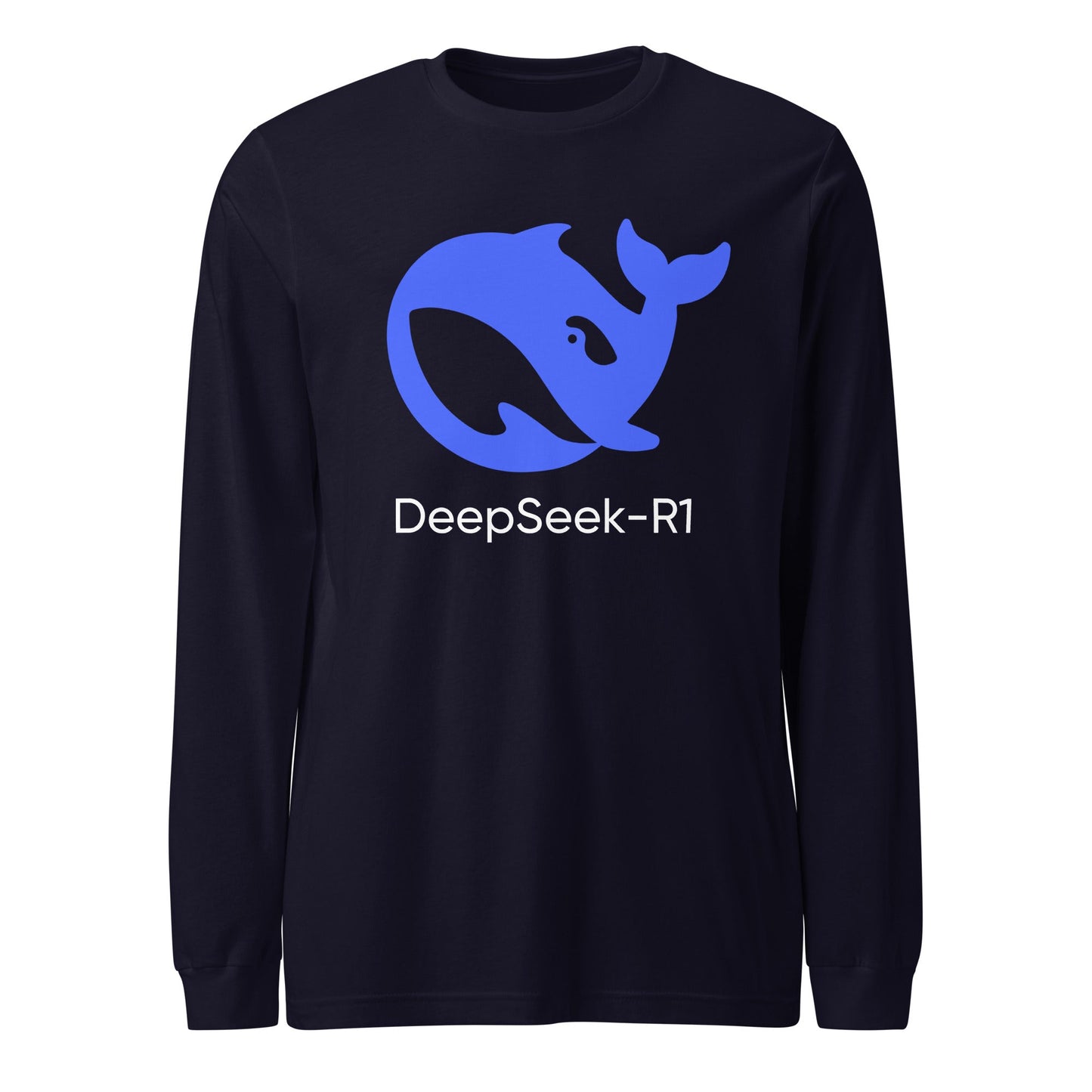 Product mockup photo of the DeepSeek R1 Long Sleeve T Shirt (unisex) Navy / M.