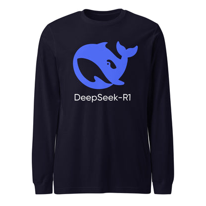Product mockup photo of the DeepSeek R1 Long Sleeve T Shirt (unisex) Navy / M.