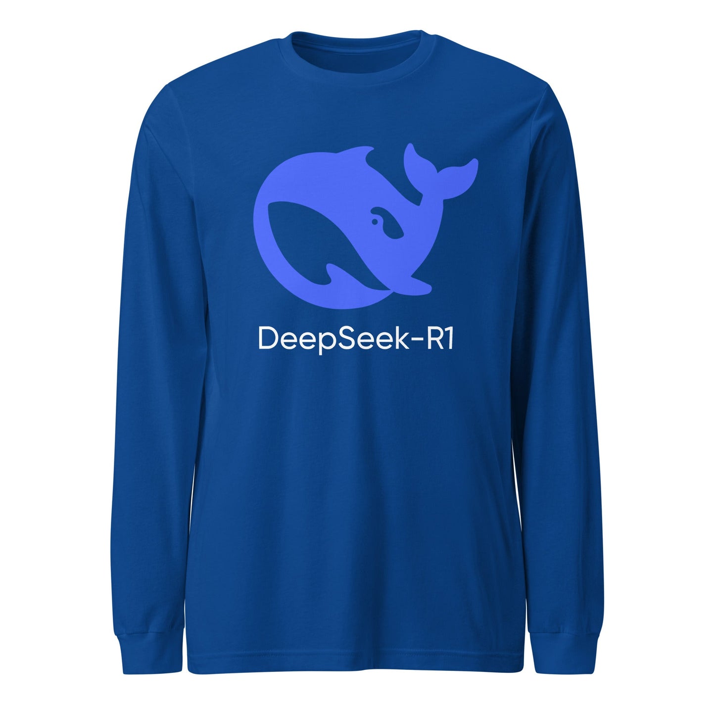 Product mockup photo of the DeepSeek R1 Long Sleeve T Shirt (unisex) True Royal / M.