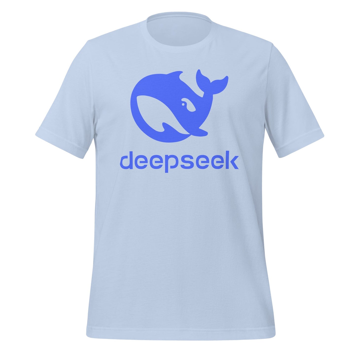 Product mockup photo of the DeepSeek Stacked Logo T Shirt (unisex) Baby Blue / M.