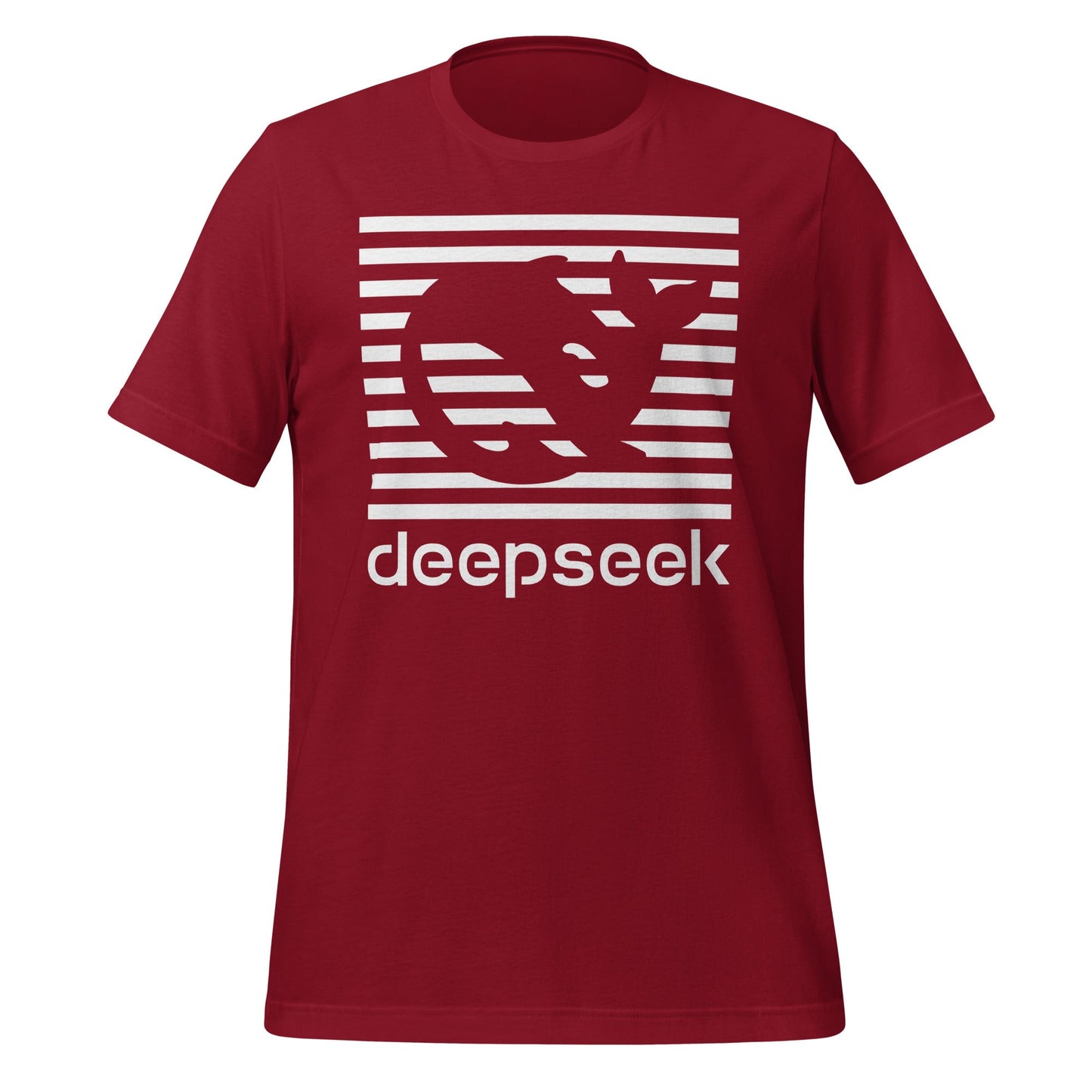 Product mockup photo of the DeepSeek Stripes T Shirt (unisex) Cardinal / M.