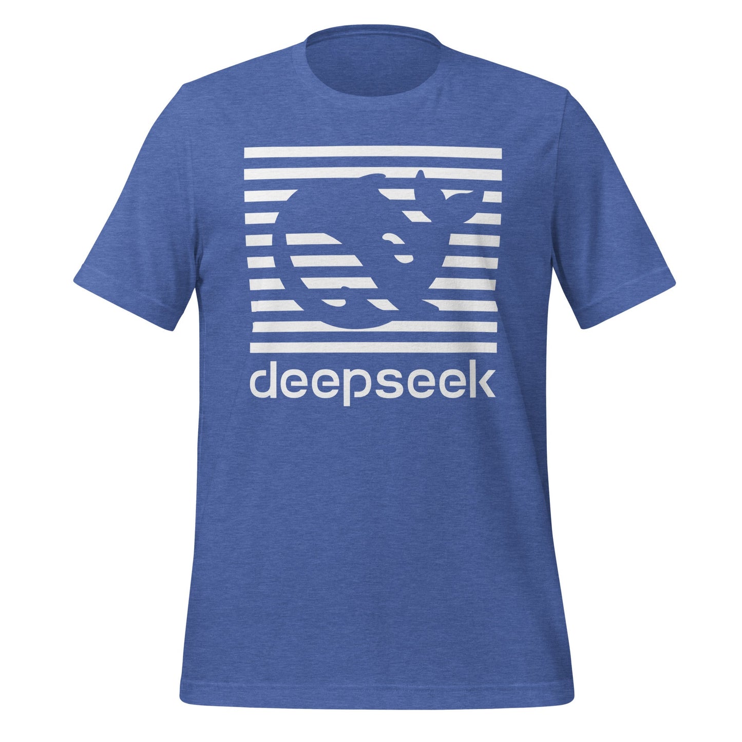 Product mockup photo of the DeepSeek Stripes T Shirt (unisex) Heather True Royal / M.