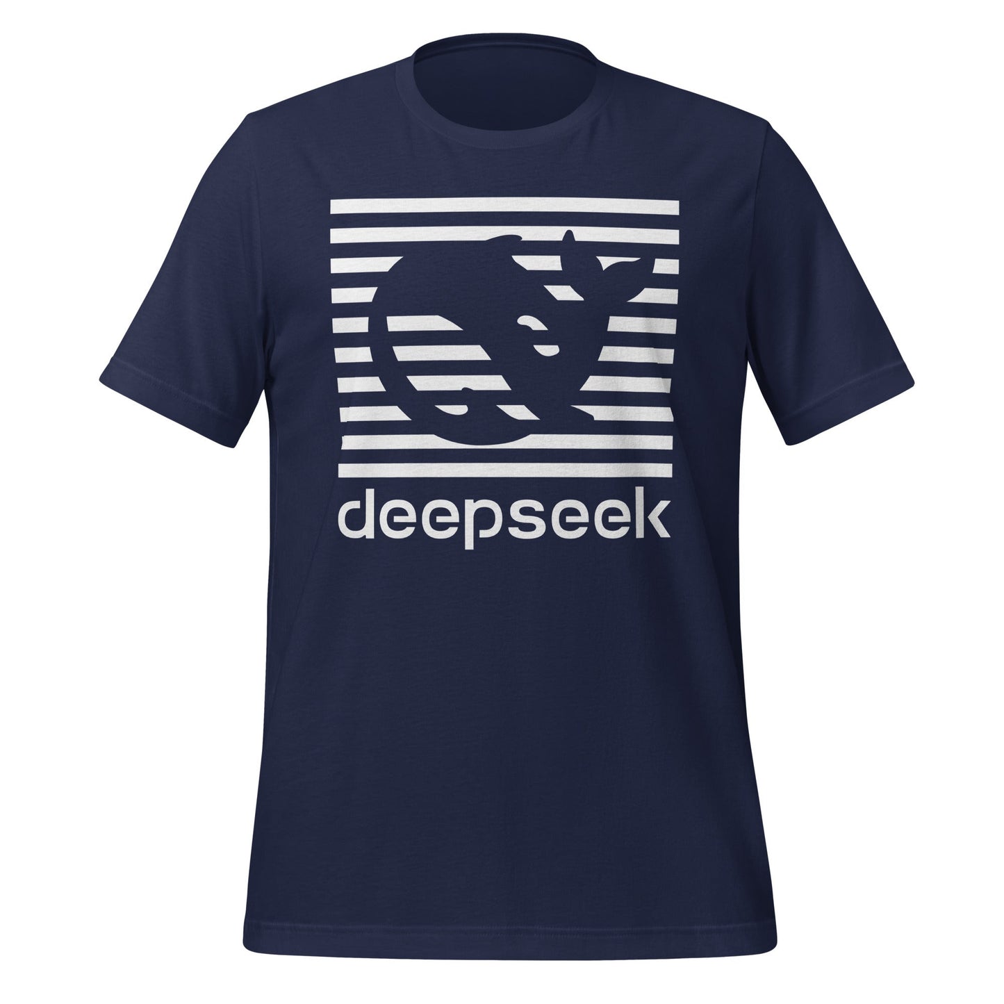 Product mockup photo of the DeepSeek Stripes T Shirt (unisex) Navy / M.