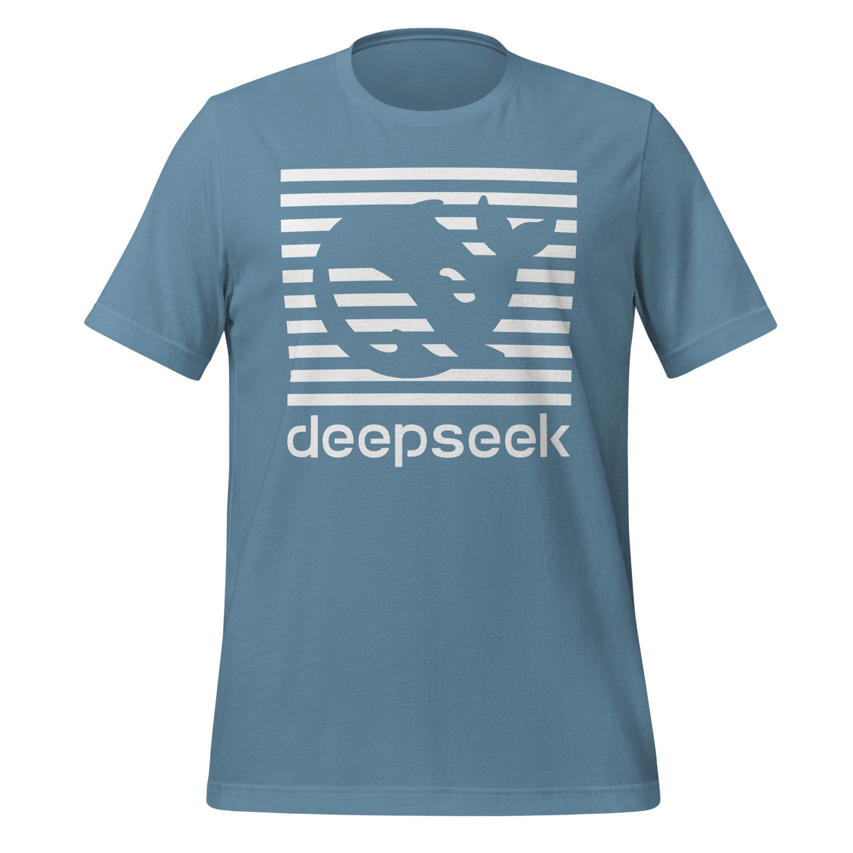 Product mockup photo of the DeepSeek Stripes T Shirt (unisex) Steel Blue / M.