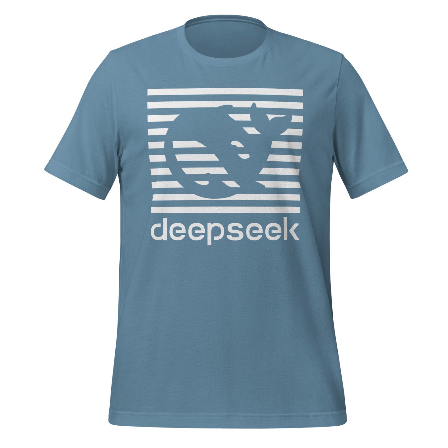 Product mockup photo of the DeepSeek Stripes T Shirt (unisex) Steel Blue / M.