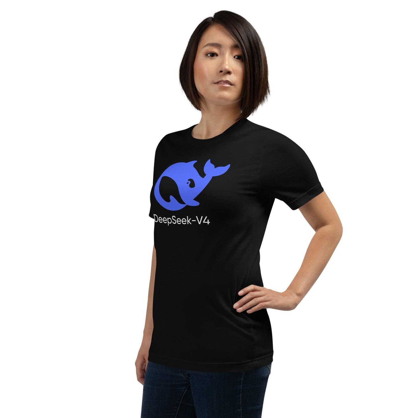 Product mockup photo of the DeepSeek V4 T Shirt (unisex).