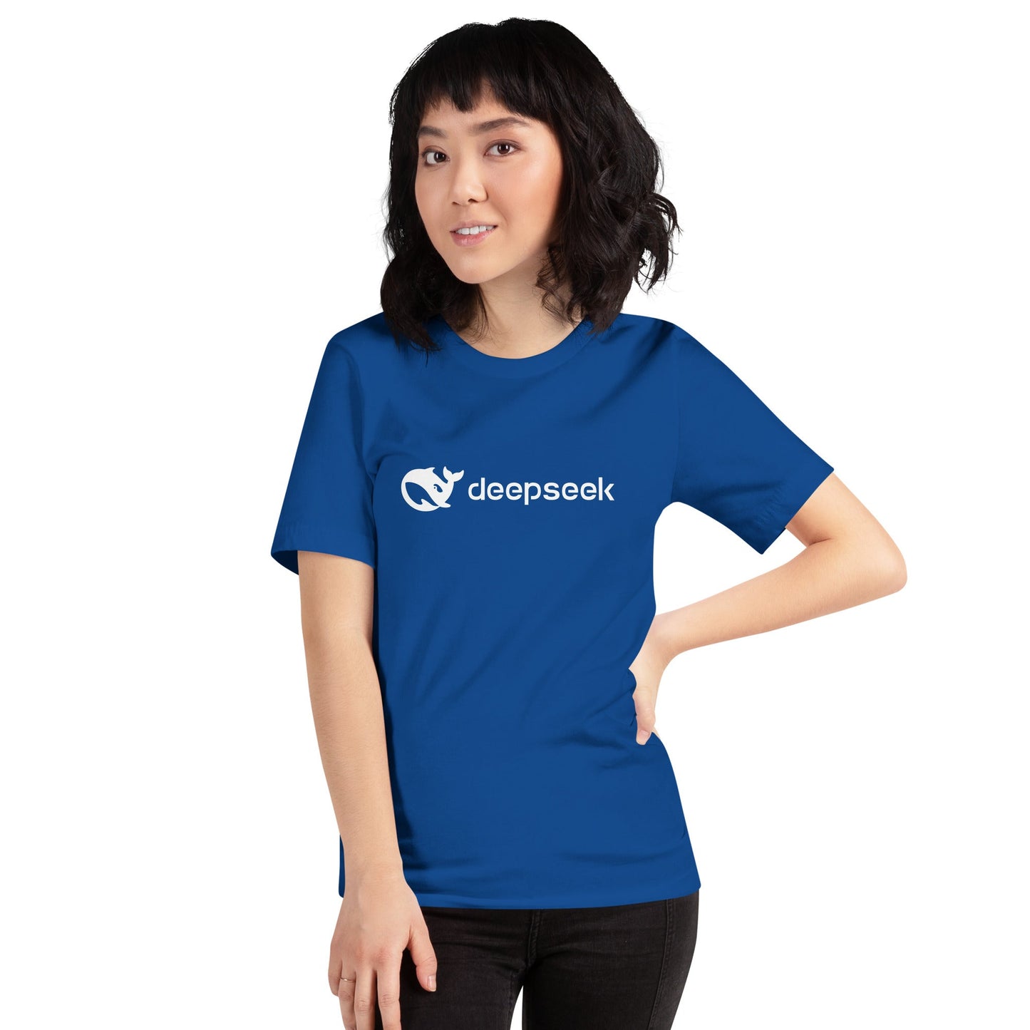 Product mockup photo of the DeepSeek White Logo T Shirt (unisex).