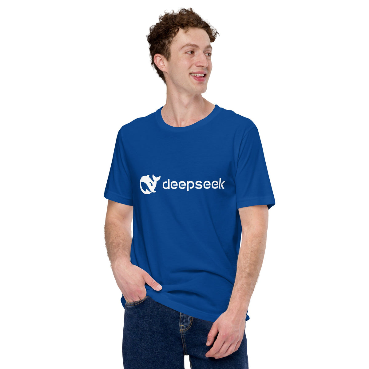 Product mockup photo of the DeepSeek White Logo T Shirt (unisex).