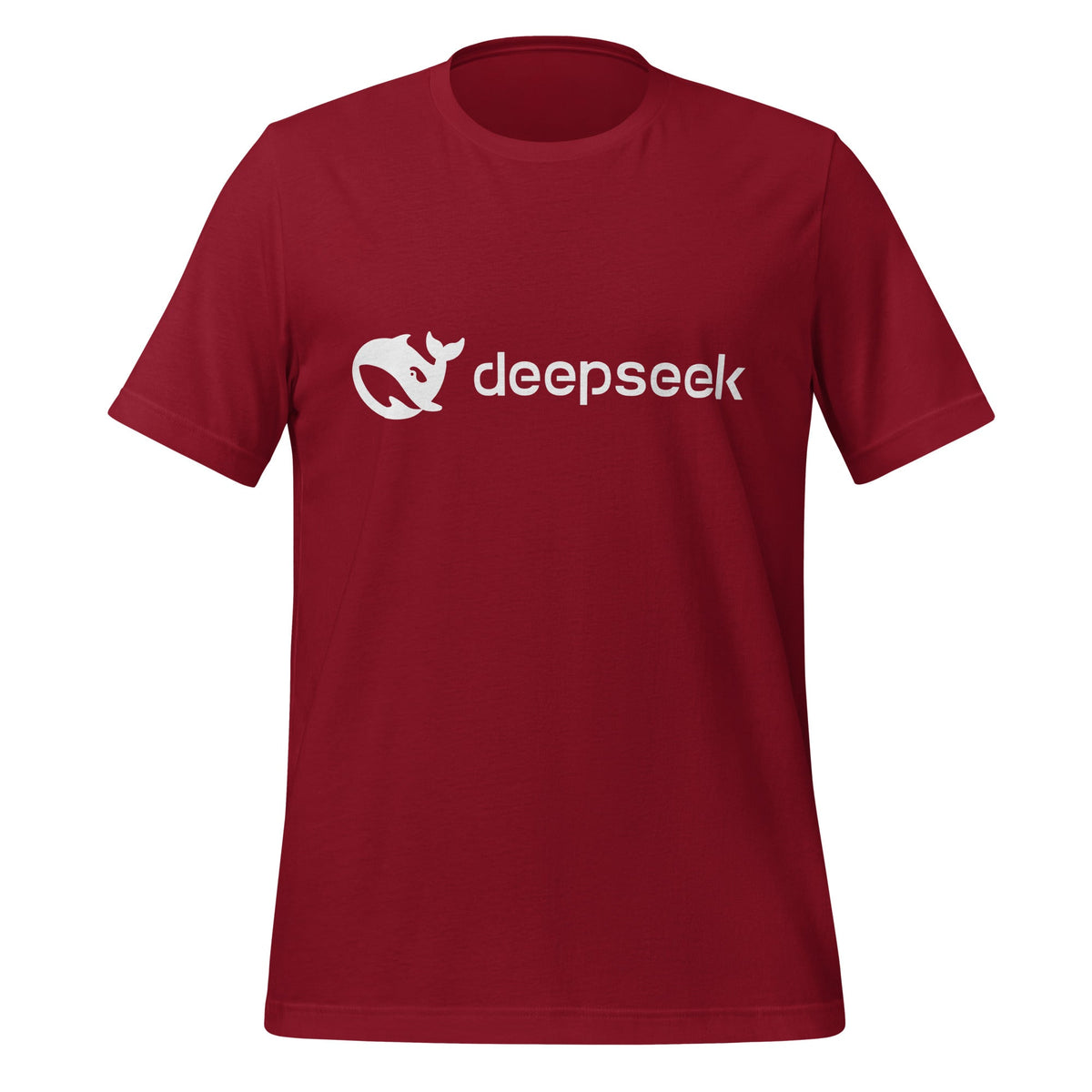 Product mockup photo of the DeepSeek White Logo T Shirt (unisex) Cardinal / M.