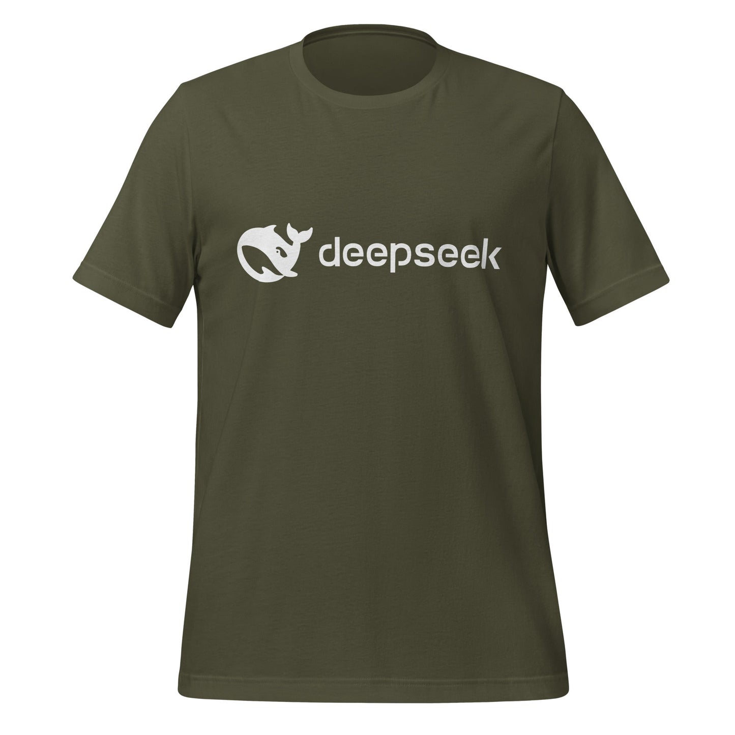 Product mockup photo of the DeepSeek White Logo T Shirt (unisex) Military Green / M.