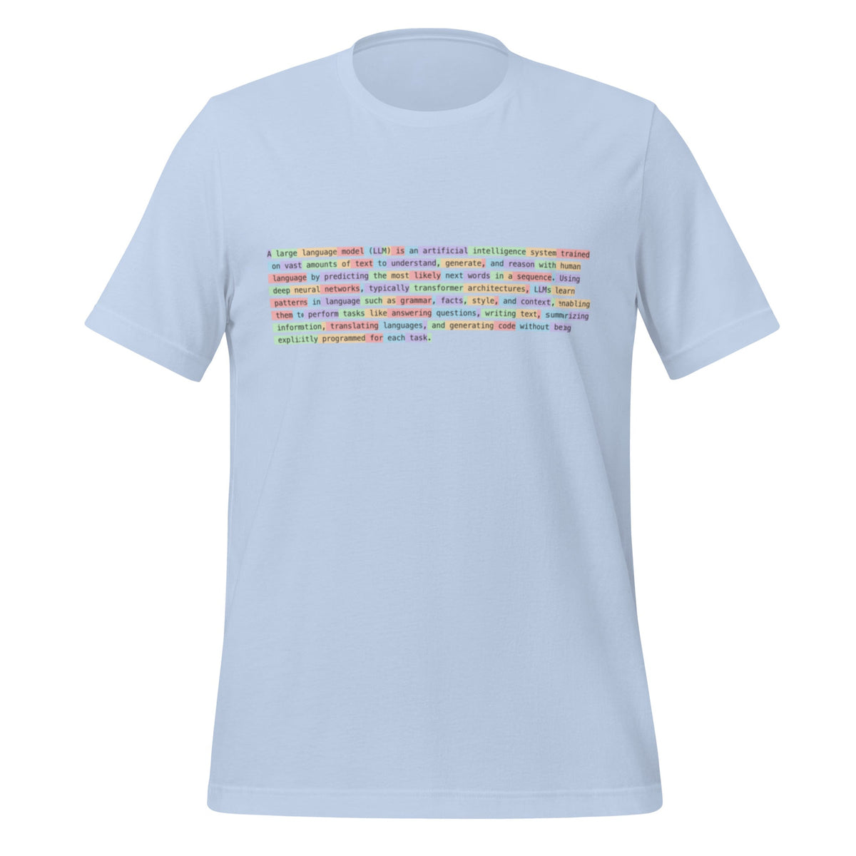 Image of the Definition of Large Language Model (LLM) Tokenized T-Shirt (unisex) Baby Blue / XS.