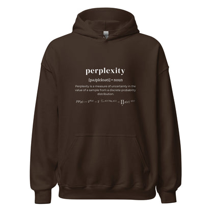 Product mockup photo of the Definition of Perplexity Hoodie (unisex) Dark Chocolate / M.