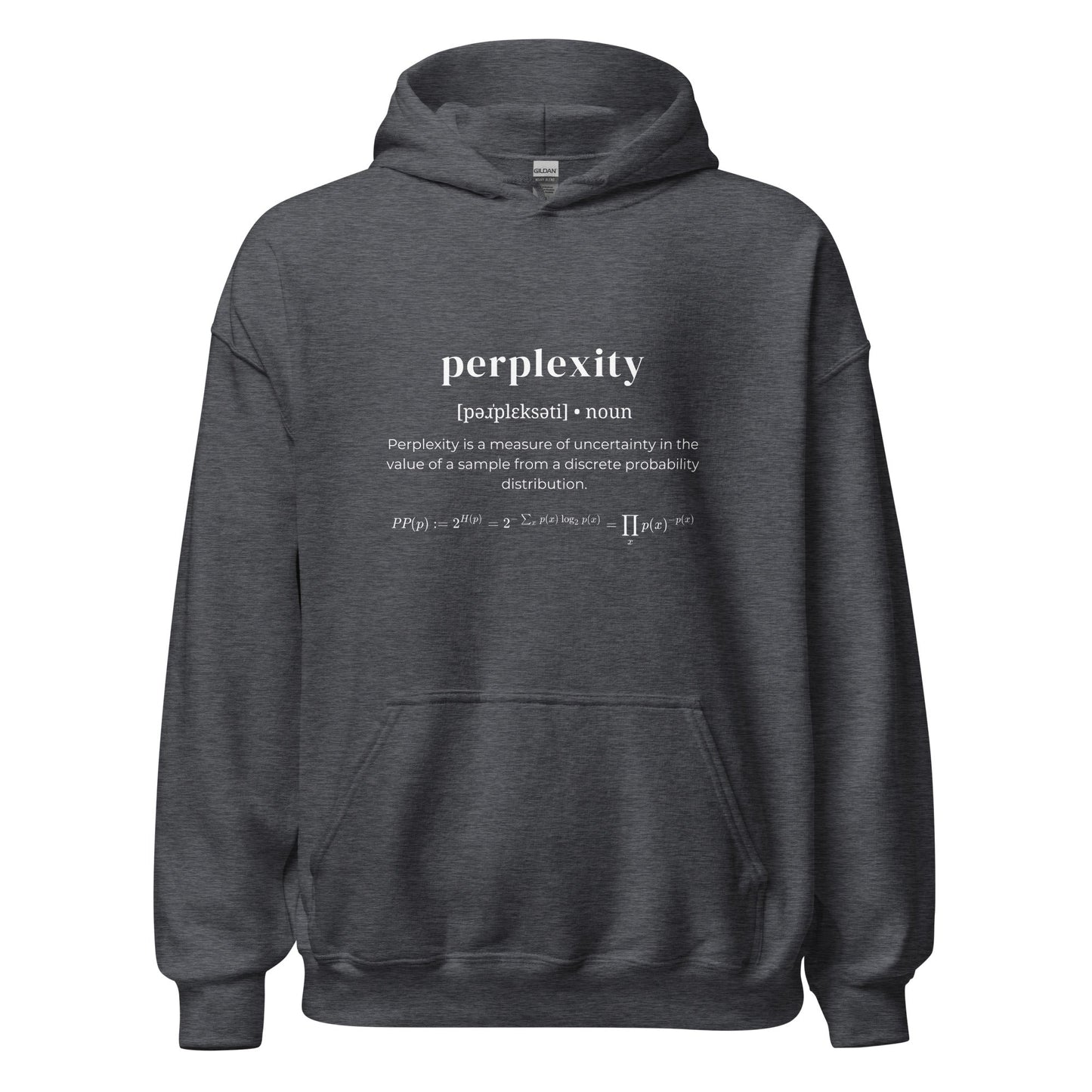 Product mockup photo of the Definition of Perplexity Hoodie (unisex) Dark Heather / M.