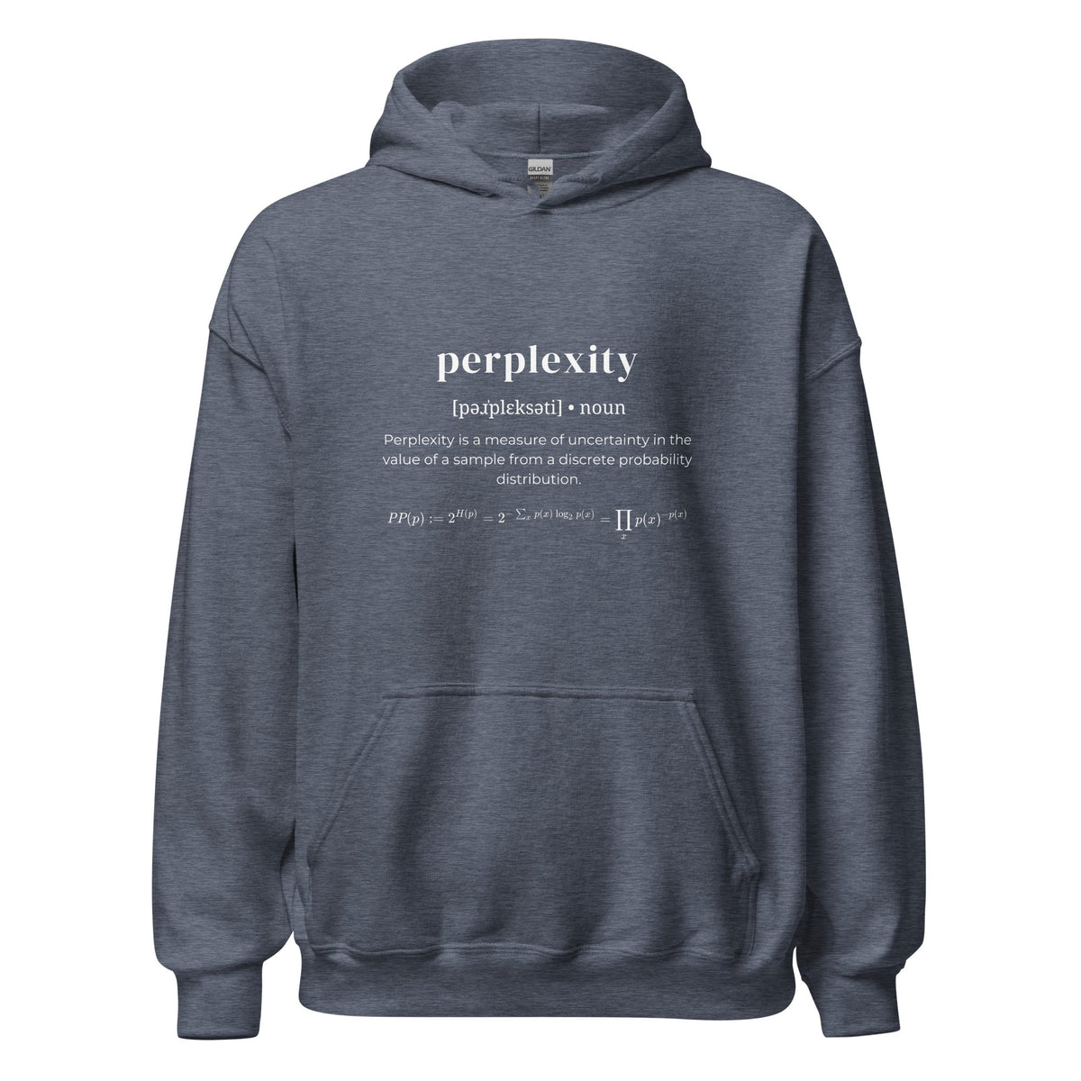 Product mockup photo of the Definition of Perplexity Hoodie (unisex) Heather Sport Dark Navy / M.