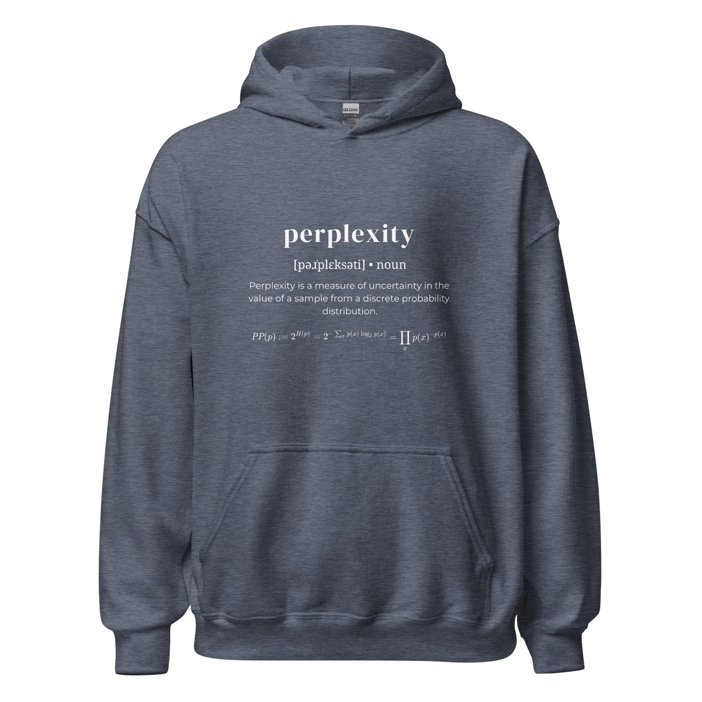Product mockup photo of the Definition of Perplexity Hoodie (unisex) Heather Sport Dark Navy / M.