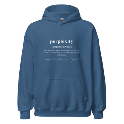 Product mockup photo of the Definition of Perplexity Hoodie (unisex) Indigo Blue / M.