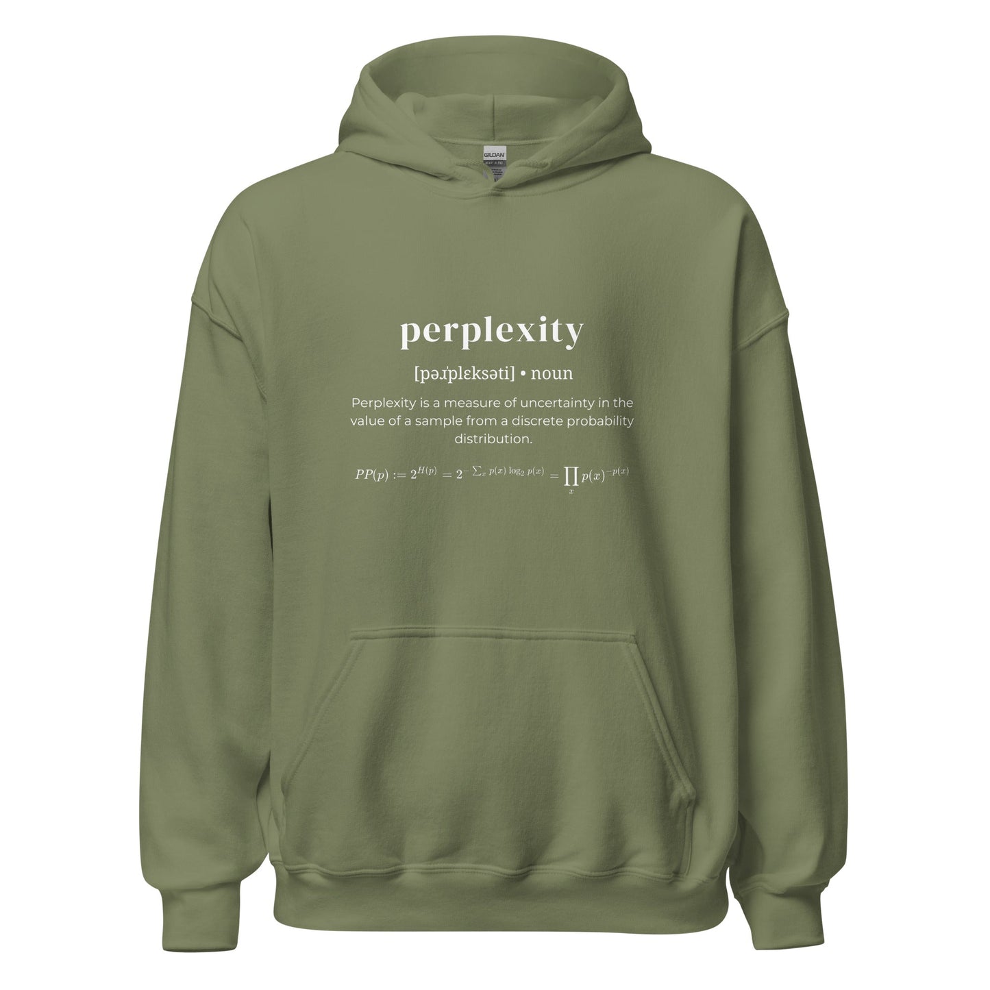Product mockup photo of the Definition of Perplexity Hoodie (unisex) Military Green / M.