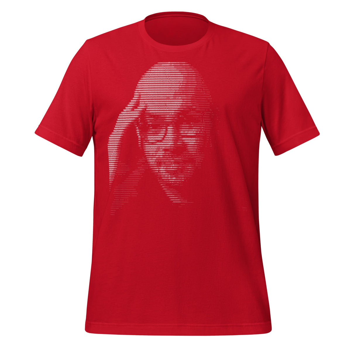 Product mockup photo of the Demis Hassabis ASCII Art T Shirt (unisex) Red / M.