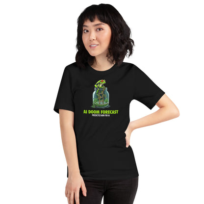 Product mockup photo of the Doom Predicted Win for AI T Shirt (unisex).