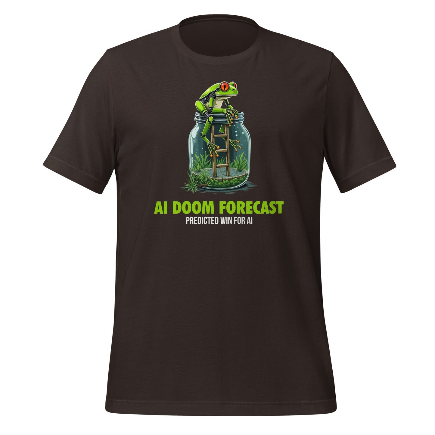 Product mockup photo of the Doom Predicted Win for AI T Shirt (unisex) Brown / M.