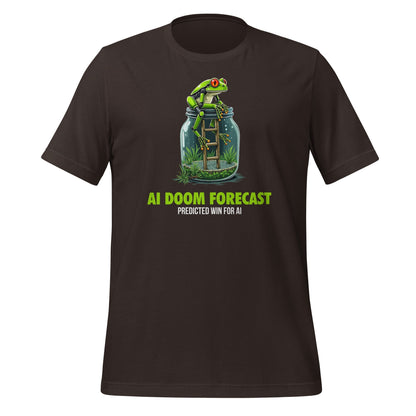 Product mockup photo of the Doom Predicted Win for AI T Shirt (unisex) Brown / M.