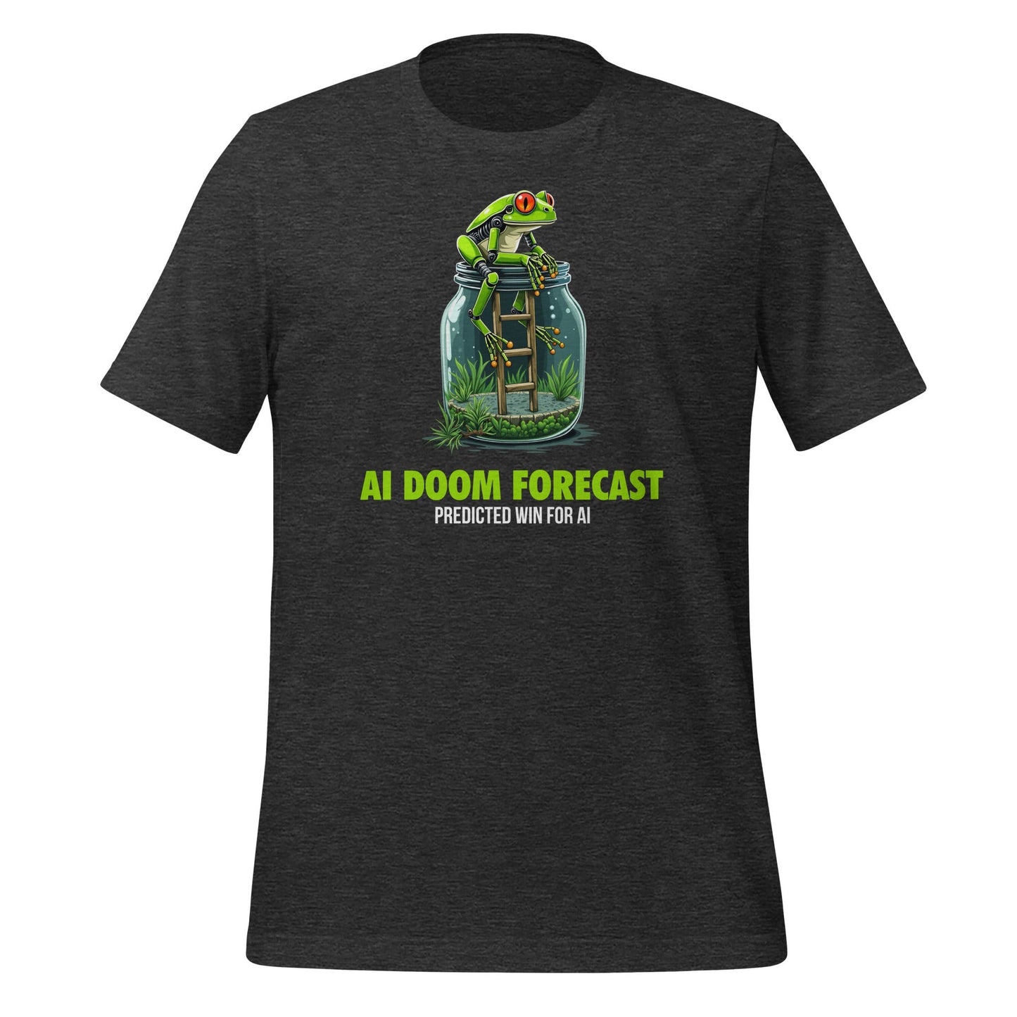 Product mockup photo of the Doom Predicted Win for AI T Shirt (unisex) Dark Grey Heather / M.